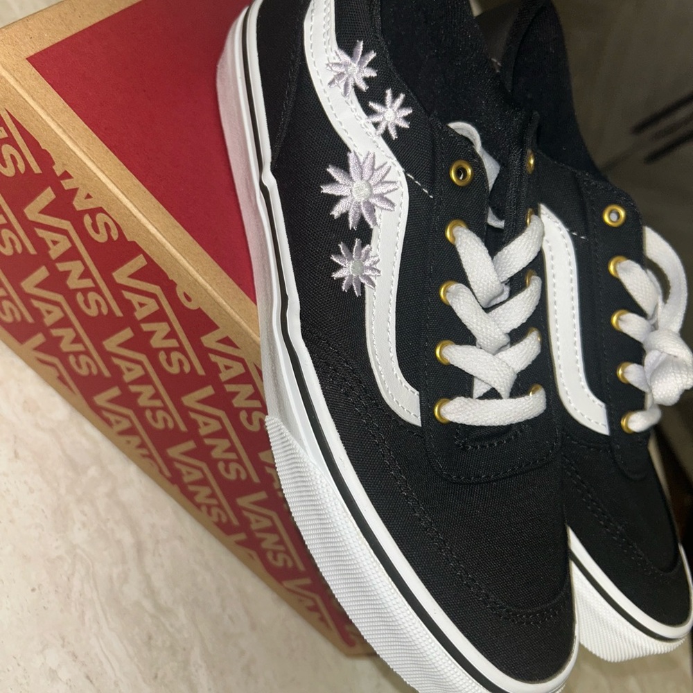 Vans Black Canvas Shoes with White and Gold Details